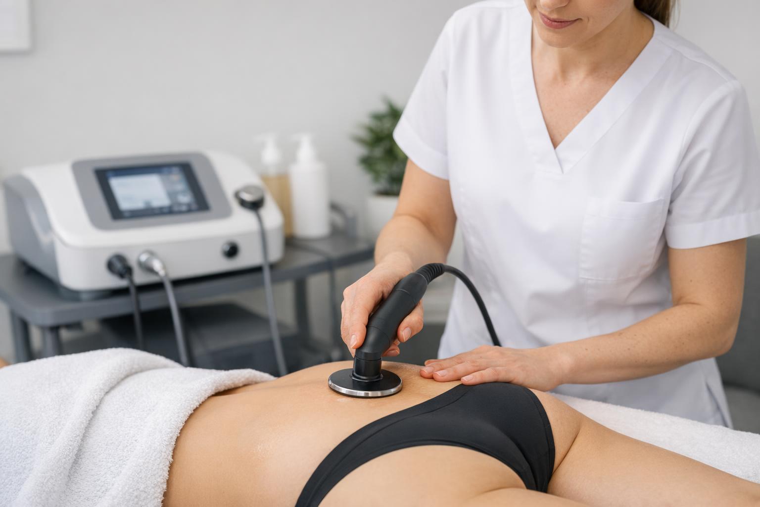 Zdjęcie gabinetu podczas zabiegu Indiba — terapeuta trzyma aplikator nad skórą pacjenta
