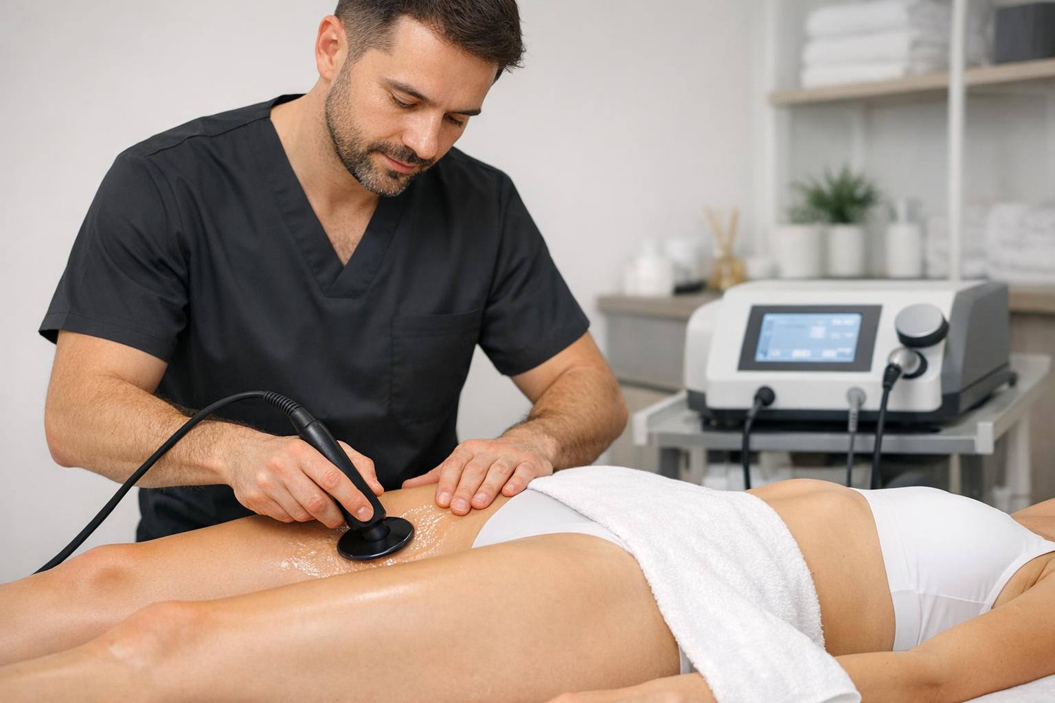 Zdjęcie terapeuty wykonującego zabieg Indiba na udach pacjentki