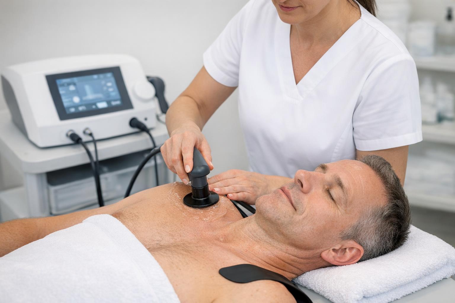 Pacjent podczas zabiegu Indiba — terapeuta pracuje na okolicy barku